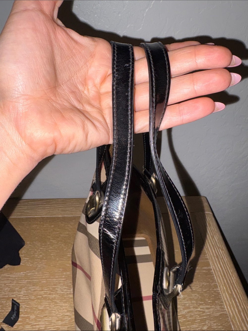 Burberry Tan Check Tote with Black Trim and Burgundy Accents - Picture 5 of 5